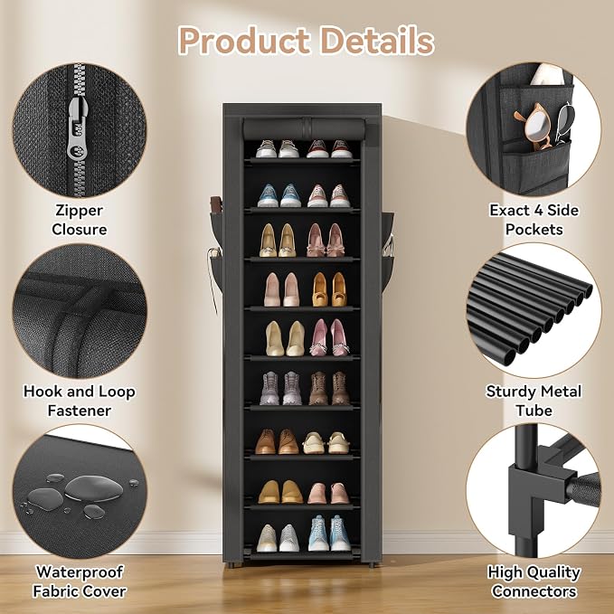 LANTEFUL Narrow Shoe Rack with Cover 10 Tier Tall Shoe Rack Organizer Large - Image 4