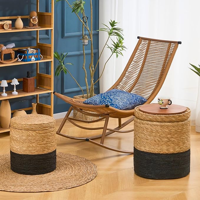 Wimarsbon Round Pouf Ottomans, Handwoven Natural Water Hyacinth Seagrass Pouffe - Image 2