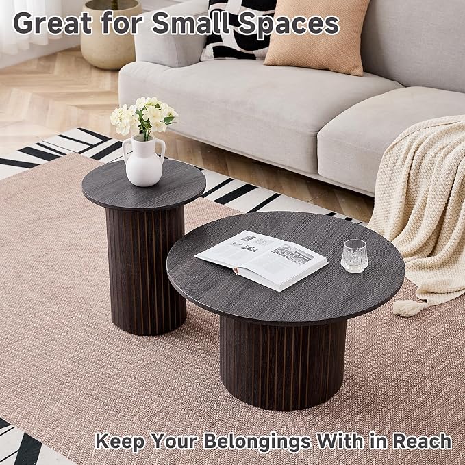 Round Nesting Coffee Table Set of 2 Mid Century Modern Wood Round Coffee Tables - Image 3