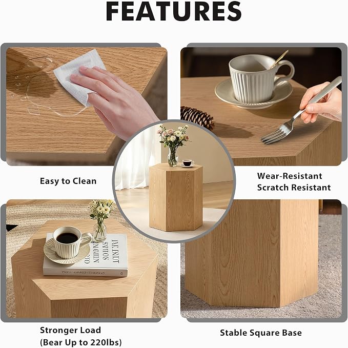 H 18.9in Hexagonal Natural Wood Side Table, Farmhouse Coffee Table - Image 5