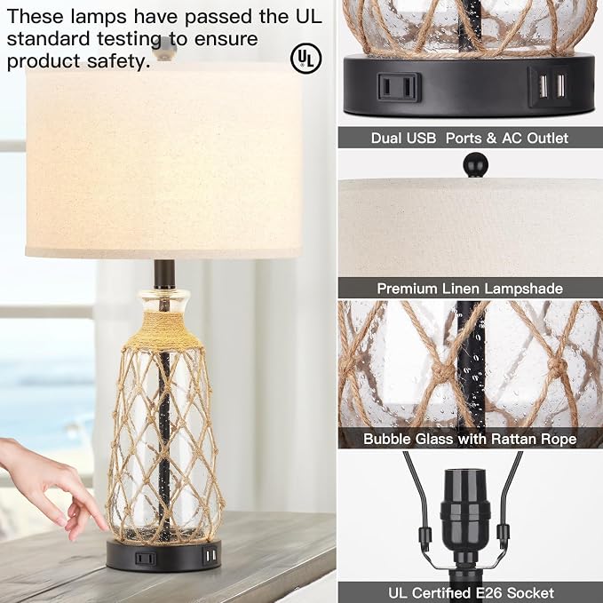 Ruzectt 25.5" Coastal Glass Table Lamps Set of 2, 3-Way Dimmable Touch Control - Image 7