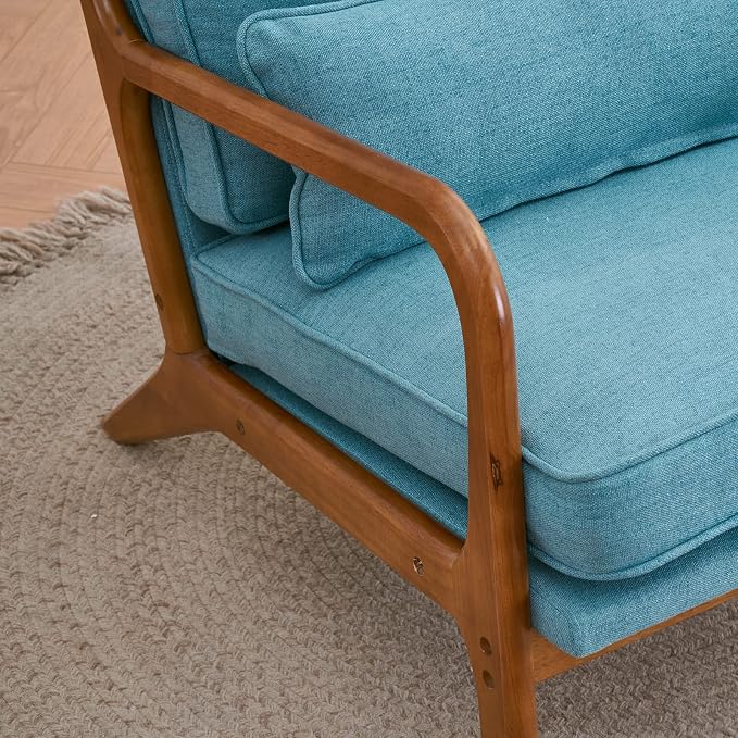 Bonnlo LinenTeal Mid Century Modern Accent Chair, Soild Wood Padding Lounge - Image 6