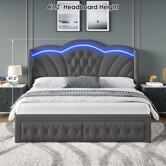 Keyluv Queen Bed Frame with LED Lights and 2 Storage Drawers, Velvet - Image 5