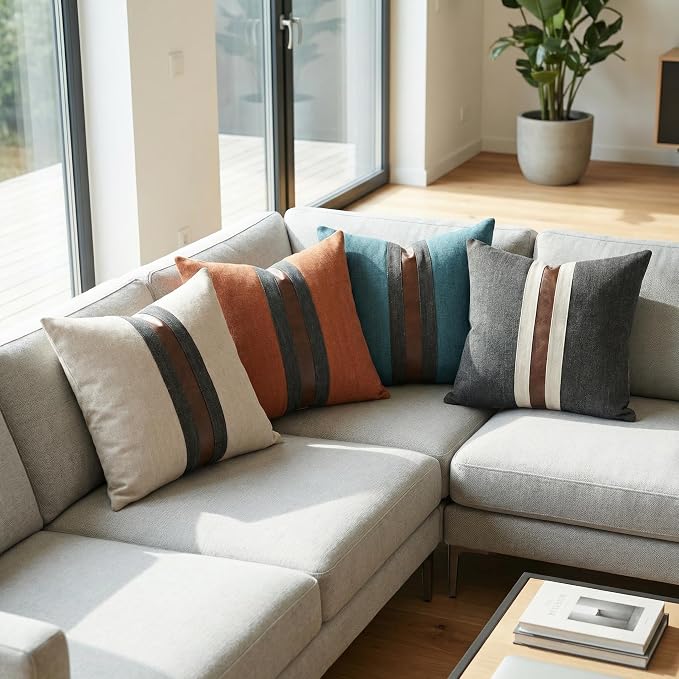 Set of 2 Leather Throw Pillow Covers Cotton Linen Decor Patchwork Pillow Cover - Image 7