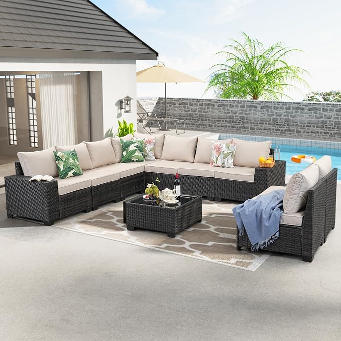 JOYURE 10 Pieces Patio Furniture Set All-Weather Outdoor Wicker Sectional - Image 7