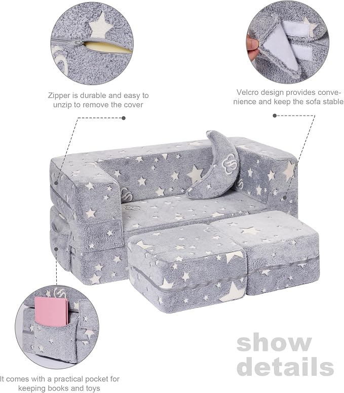 Elftopia Modular Kids Sofa, Glow in The Dark Star Plush Couch, Convertible Kids - Image 6
