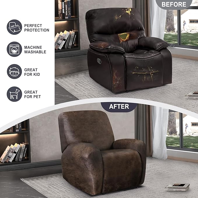 ANARACHON Leather Look Recliner Chair Covers, 4-Pieces Stretch Recliner Cover - Image 6