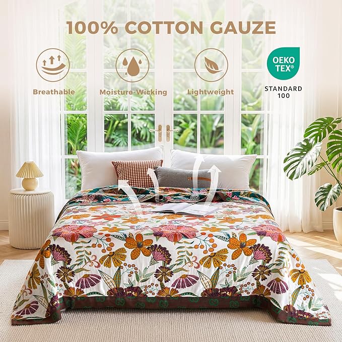 LUTBM Boho Throw Blanket for Bed 100% Cotton Soft Breathable Quilt Floral - Image 2