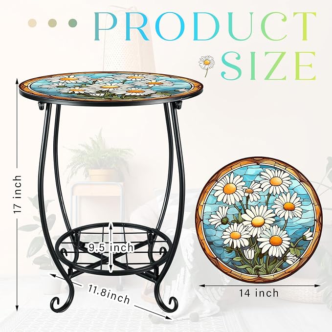 Cinnvoice Outdoor Side Table Round Small Mosaic Patio Accent Indoor End Plant - Image 3