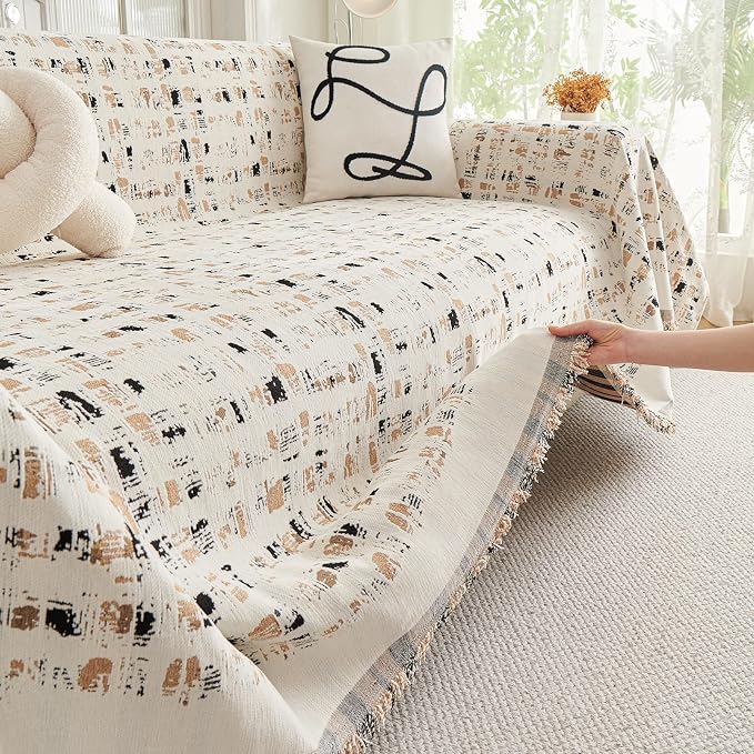 DREAMINGO Abstract Chenille Couch Cover Blanket Beige Khaki Black Boho Sofa - Image 4