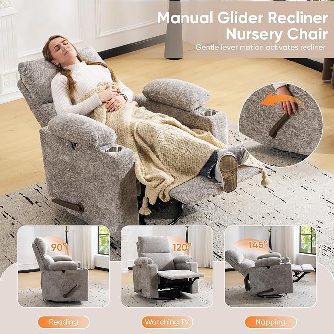 Swivel Rocker Recliner with Adjustable Armrests, Rocking Nursery Chair with - Image 8