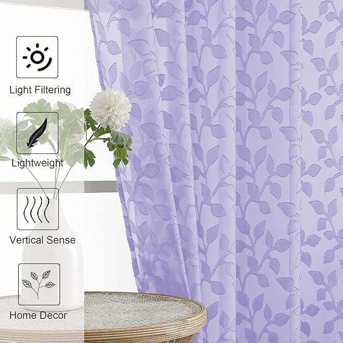 Chyhomenyc Light Purple Sheer Curtains 63 Inch Length 2 Panels Set, Light - Image 3