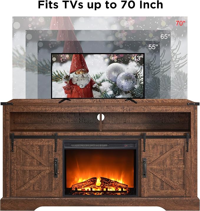 OKD Fireplace TV Stand for 65+ Inch TV, Rustic Media Console w/Sliding Barn - Image 5