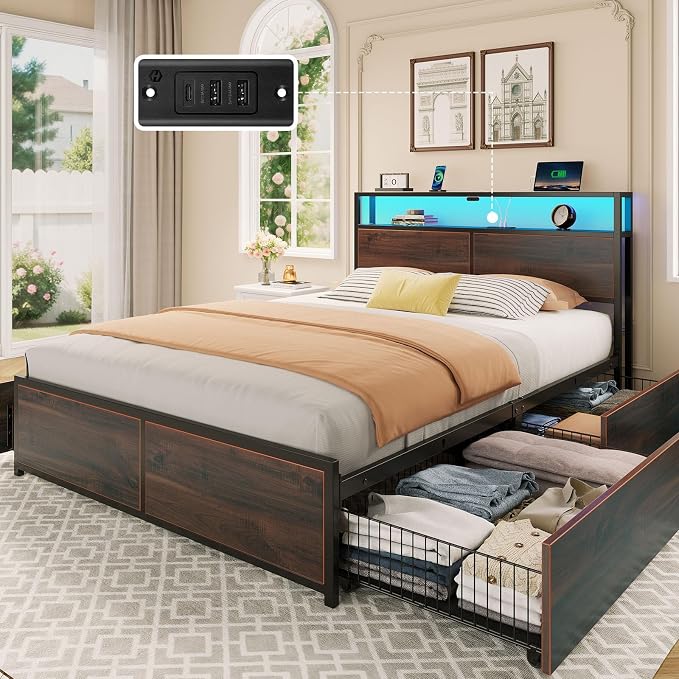Rolanstar Queen Bed Frame with 4 Storage Drawers & 2-Tier Storage Headboard by Rolanstar