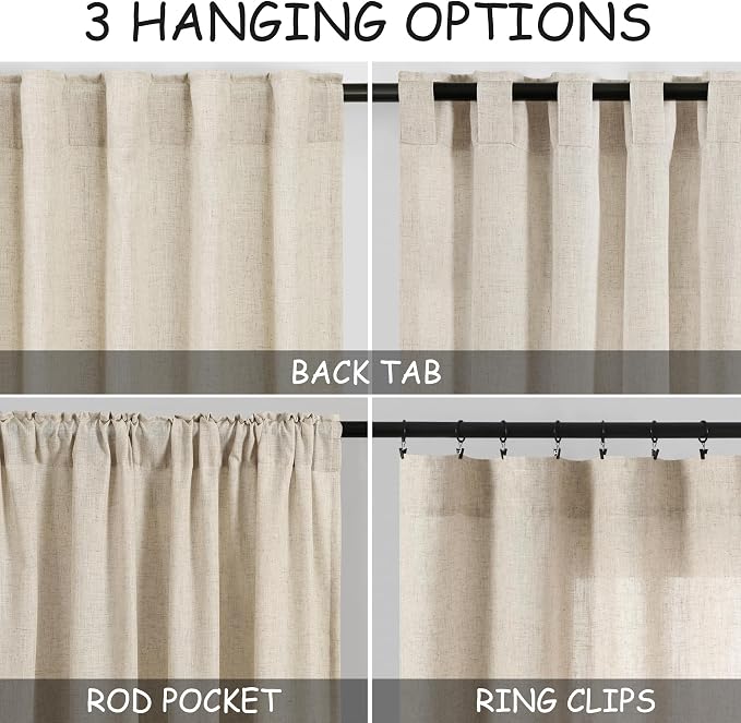 Nanspring Beige Cafe Curtains 45 Inch Length Set 2 Panel Back Tab Pocket Semi - Image 3