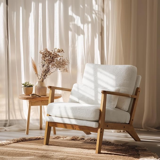 VINGLI Solid Wood Wide Armrests Accent Chair, Upholstered Mid Century Modern by VINGLI