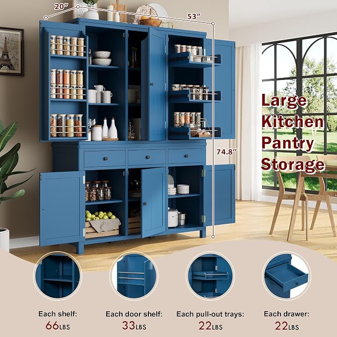74.8''H High Freestanding Kitchen Pantry, Wooden Kitchen Organizers Cupboard - Image 5