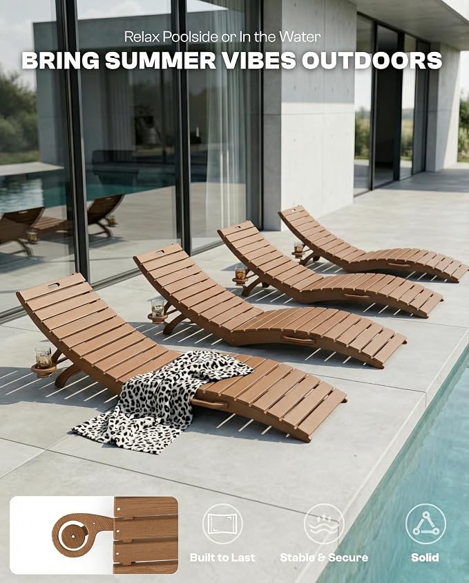 Folding HDPE Pool Lounge Chairs Set of 2, Pre-Assembled Outdoor Chaise Lounge - Image 6