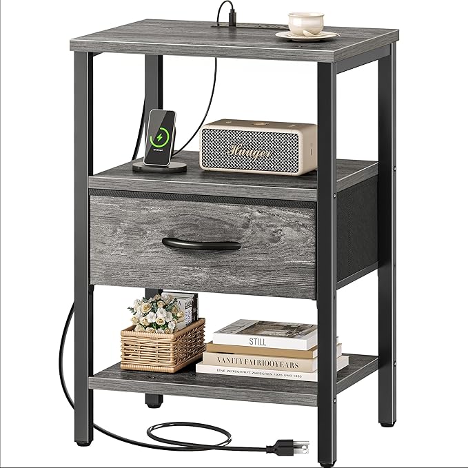 SUPERJARE Nightstand with Charging Station, Bed Side Table with Adjustable by SUPERJARE