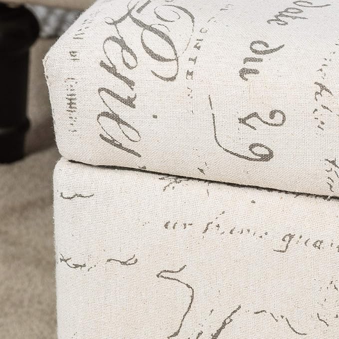 Adeco Fabric Script Pattern Cube Storage Footstool, Hinged Lid, Solid Wood Legs - Image 4