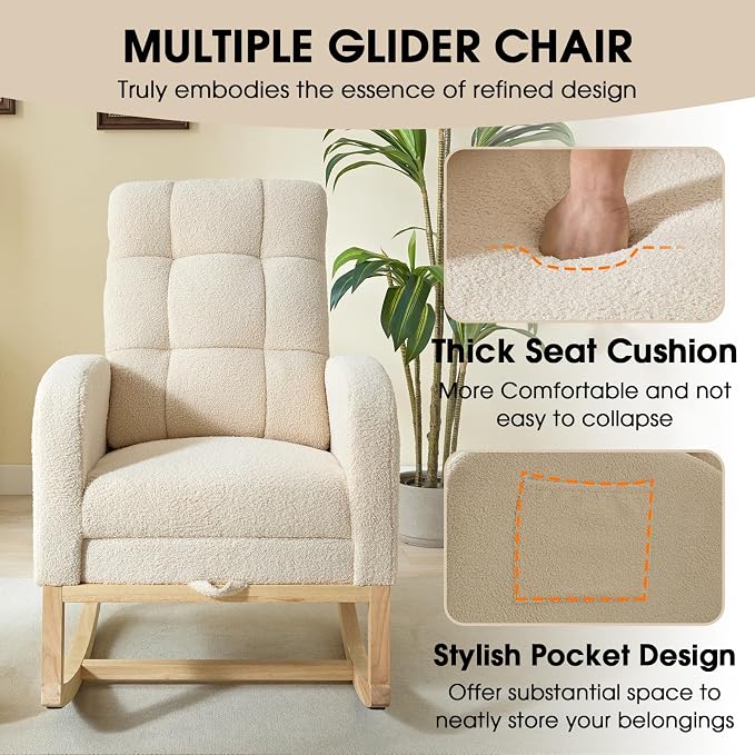 NIOIIKIT Modern Nursery Rocking Chair, Teddy Upholstered Rocking Chair - Image 7
