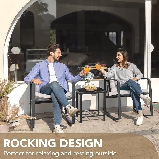 Devoko 3 Piece Rocking Bistro Set Wicker Patio Outdoor Furniture Porch Chairs - Image 2