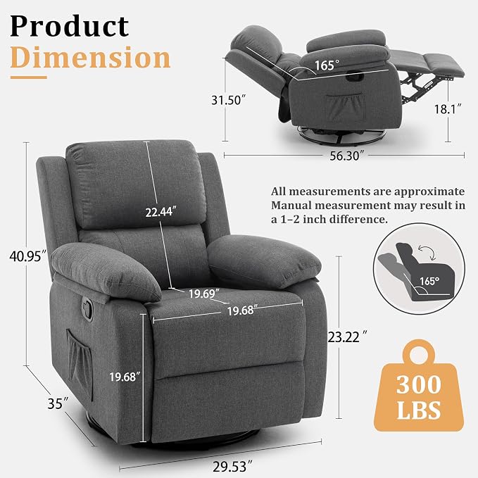 Korser Recliner Chair, 360 Swivel Rocker Chair - Image 2