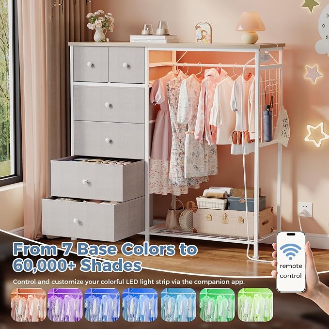DUMOS Dresser for Bedroom with Hanging Rack, 6 Drawer Fabric Dresser with - Image 6