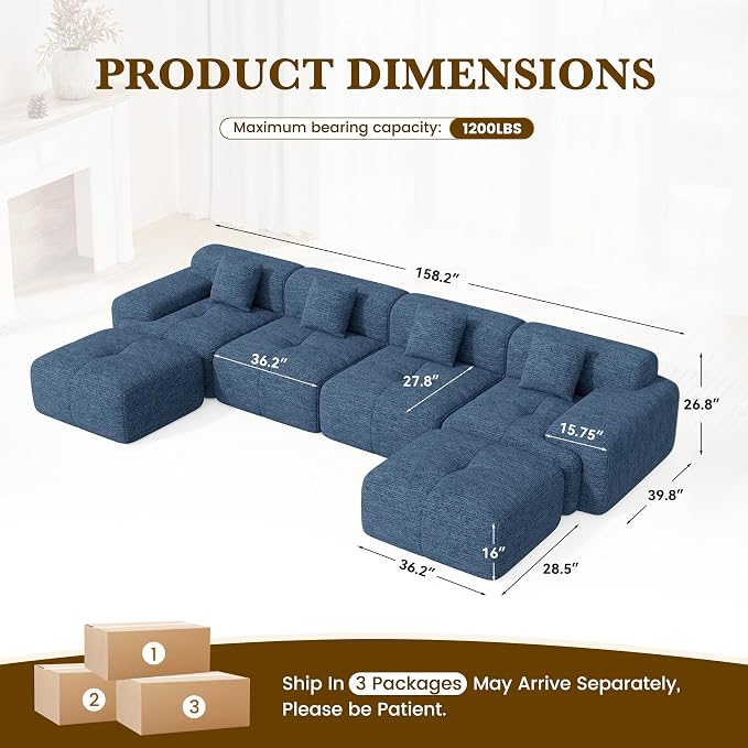158" U Shaped Convertible Modular Couch, Cloud Couch Sectional - Image 2