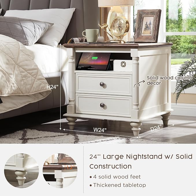 T4TREAM 24'' Farmhouse End Table w/4 Solid Wood Feet, Large 2 Drawers Wide Sofa - Image 3