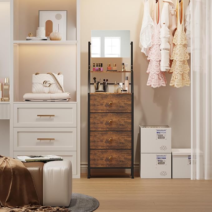 HIGDBFE 4-Drawer Dresser with Mirror, Vanity with 2-Tier Shelves, Fabric Chest - Image 8