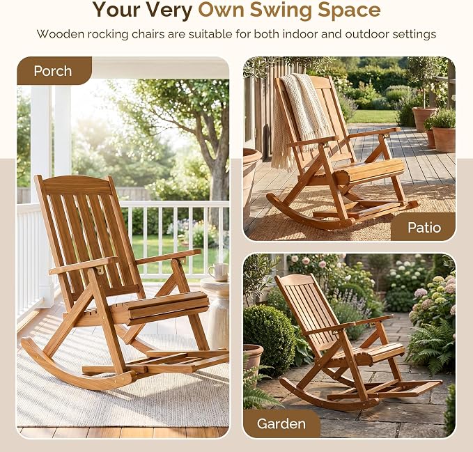 VINGLI Wooden Porch Rocking Chair, Heavy Duty Outdoor Rocking Chair - Image 7