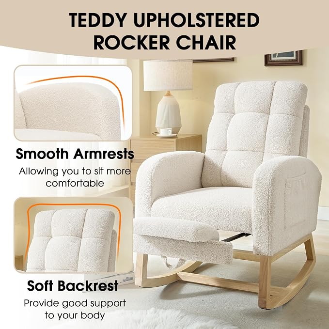 NIOIIKIT Modern Nursery Rocking Chair, Teddy Upholstered Rocking Chair - Image 6