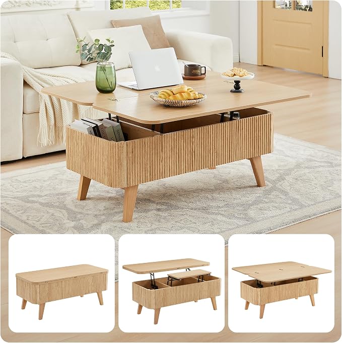 3 in 1 Lift Top Coffee Table, Fluted Convertible Coffee Tables Converts to - Image 3