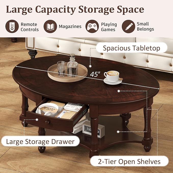 Merax 45" Vintage Oval Rubber Wood Coffee Table - Image 3
