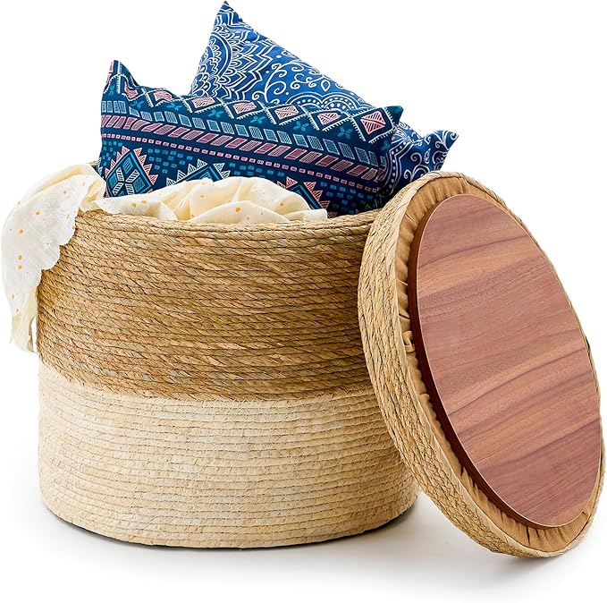 Wimarsbon Round Pouf Ottomans, Handwoven Natural Water Hyacinth Seagrass Pouffe by Wimarsbon