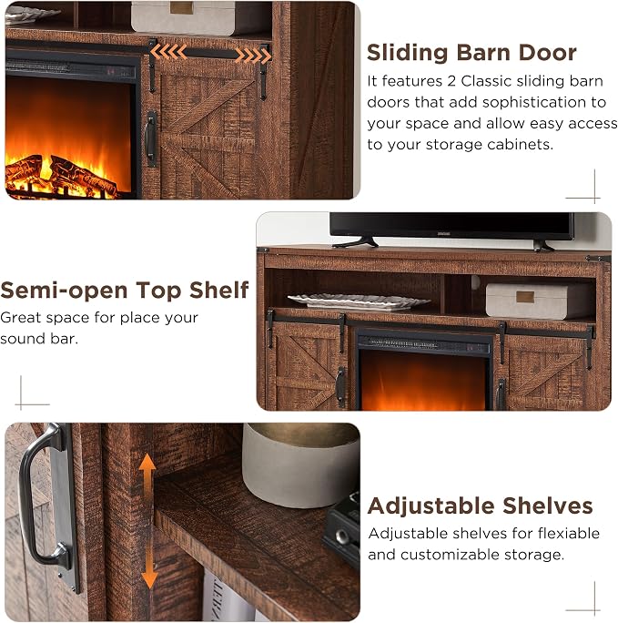 OKD Fireplace TV Stand for 65+ Inch TV, Rustic Media Console w/Sliding Barn - Image 3