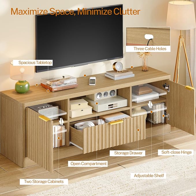 TEENFON 55" TV Stand for TVs Up to 60", Modern Fluted Entertainment Center - Image 5