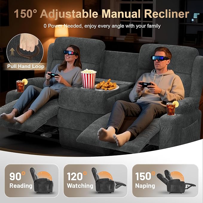 3-Seater Loveseat Recliner Sofa, Home Theater Seating Reclining Couch - Image 3