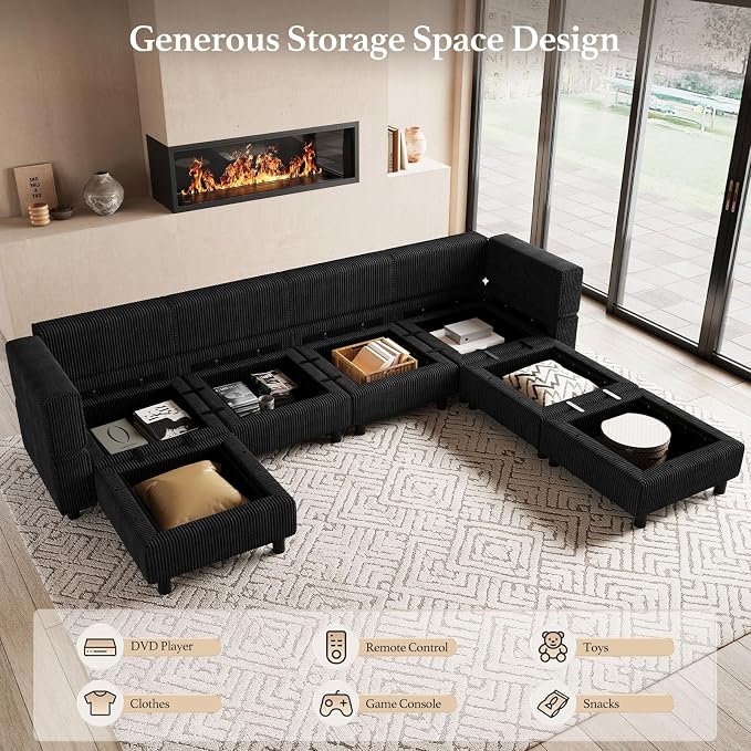 Belffin 114.2" Modular Sectional Sofa Corduroy 7 Seats U Shaped Sofa Couch - Image 3