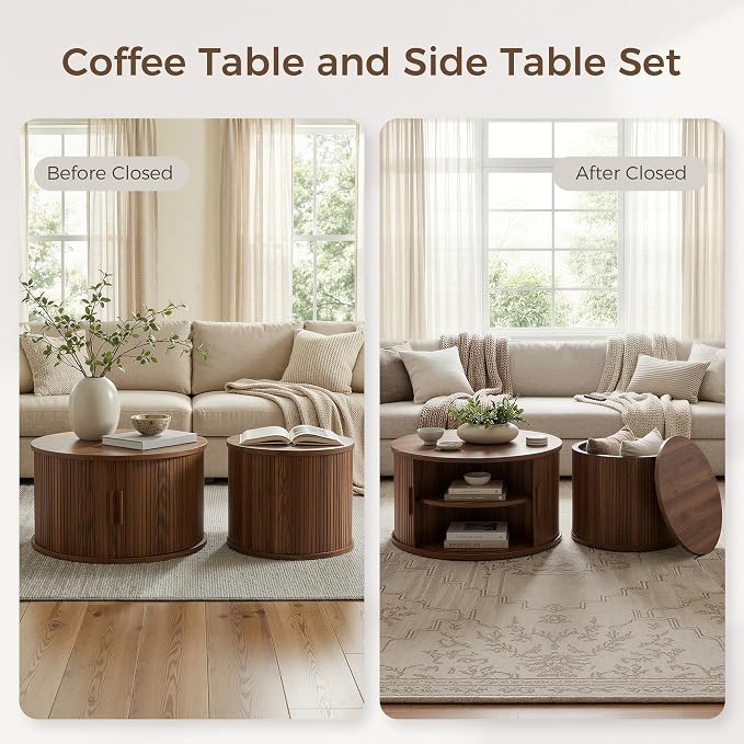 IRONCK Round Coffee Table Set of 2, Fluted Coffee Table and End Table - Image 3