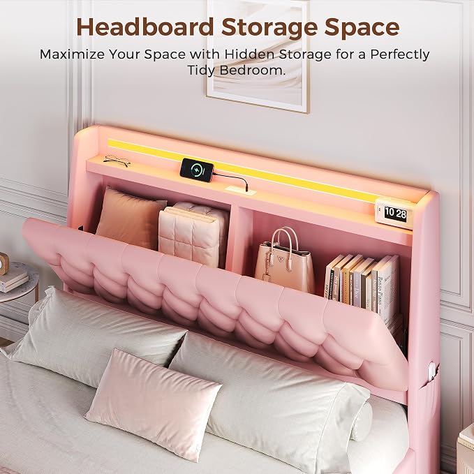 Full LED Velvet Bed Frame with 2 Storage Drawers&Hidden Headboard, Upholstered - Image 3