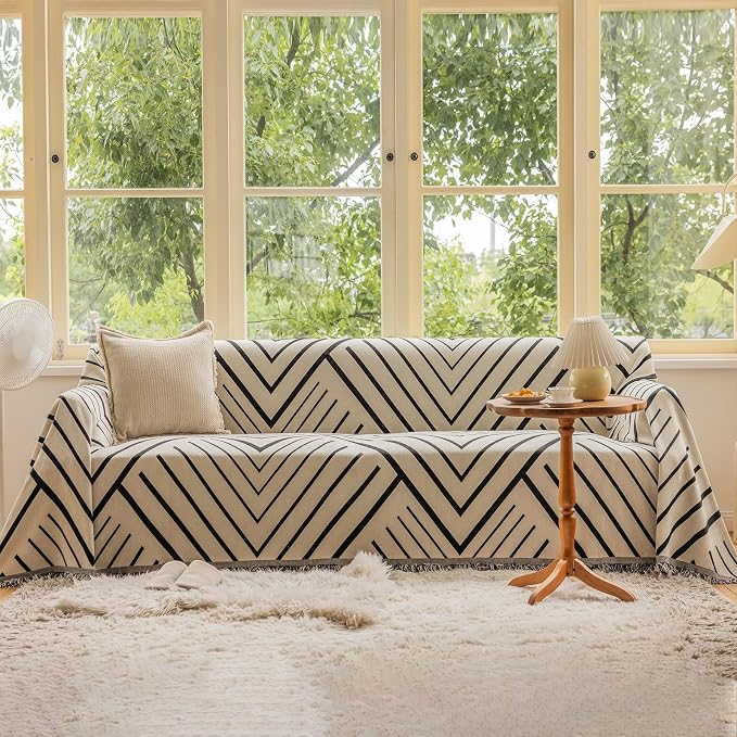 VClife Modern Geometric Couch Slipcover Black Beige Cream Arrow Herringbone by VCLIFE