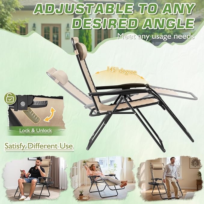 Devoko Set of 2 Zero Gravity Lounge Chairs, Outdoor Folding Adjustable Steel - Image 6