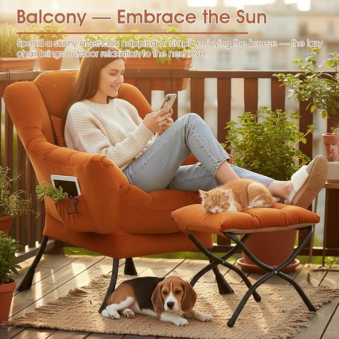 Tangerine Lazy Chair with Ottoman, Large Velvet Accent Chair with a Throw Pillow - Image 7