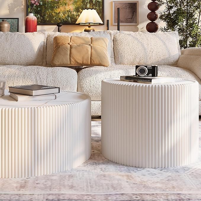 SSLine Round Drum Coffee Table Modern Sintered Stone Top Side End Table in - Image 5