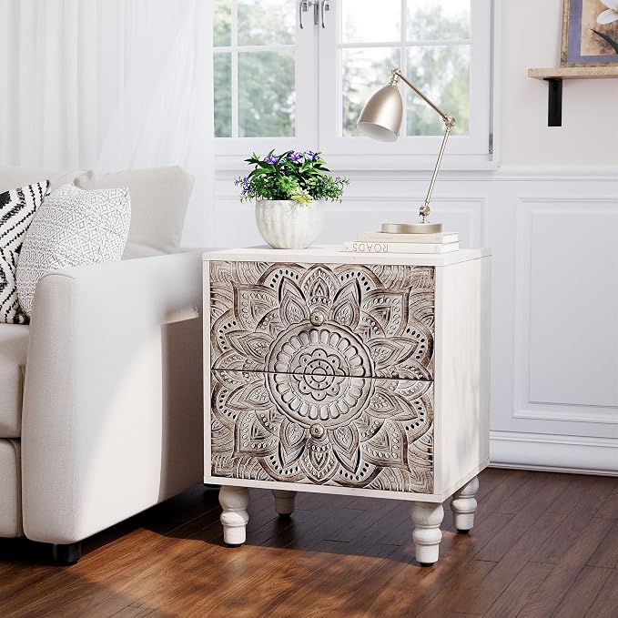 HOMPUS White Nightstand with 2 Drawers, Lotus Flower Carved Wood Bedside Table by HOMPUS