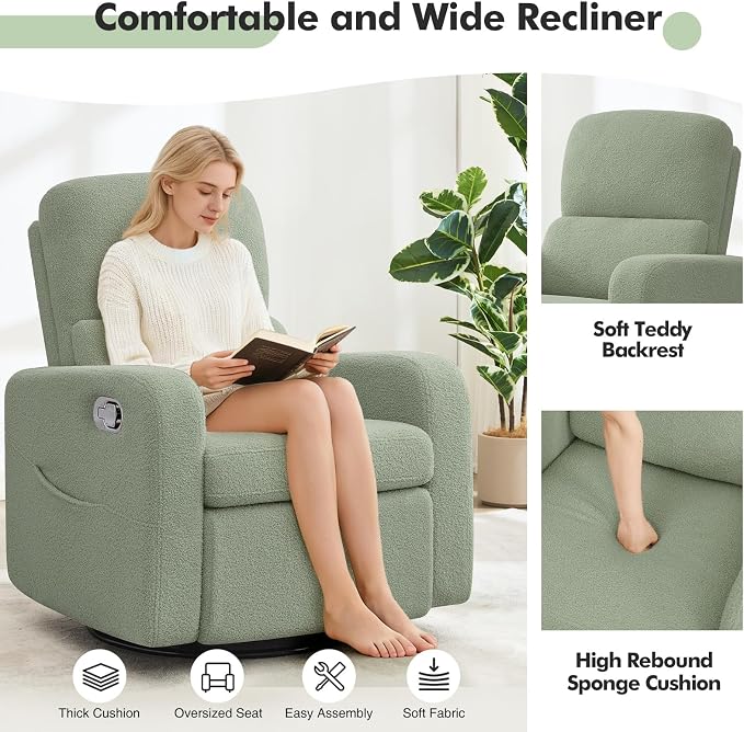 Swivel Rocker Recliner, Oversized Manual Boucle Nursery Glider Rocking Recliner - Image 8