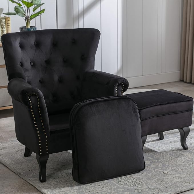 Accent Chairs with Ottoman Set of 2 Velvet Wingback Club Chair Upholstered - Image 6