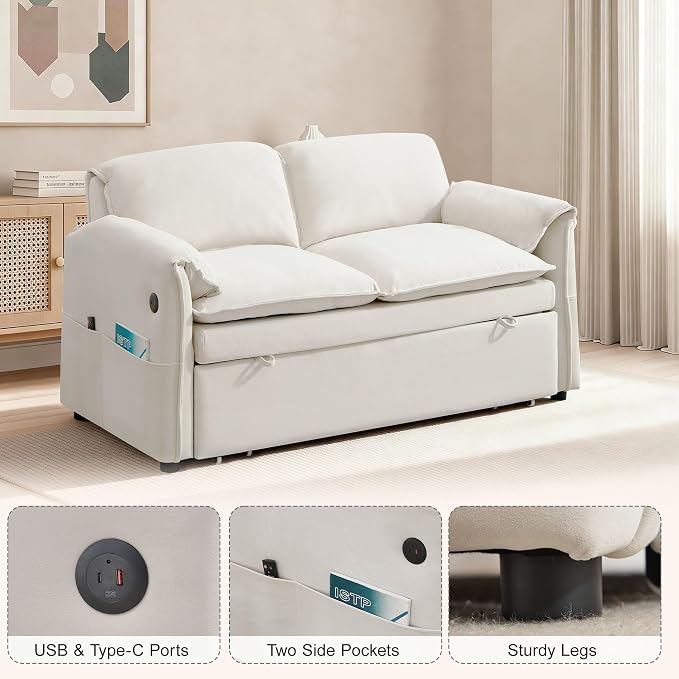 63" Velvet 3 in 1 Convertible Sleeper Sofa Bed, Pull Out Couch Bed Loveseat - Image 4